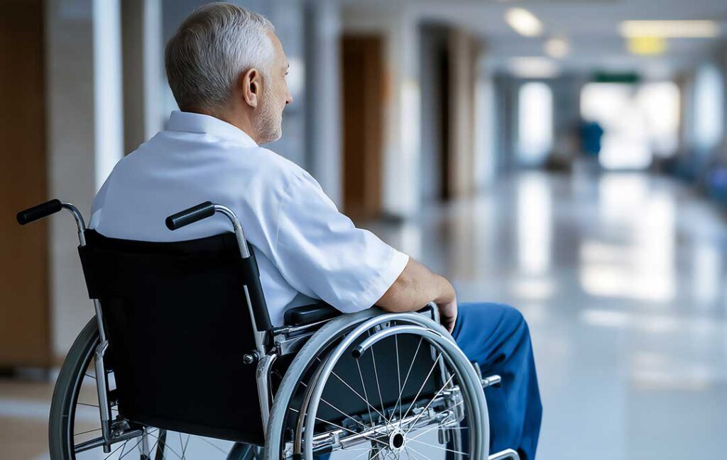 Direct-care staff member helping an older resident walk through a bright assisted living hallway.